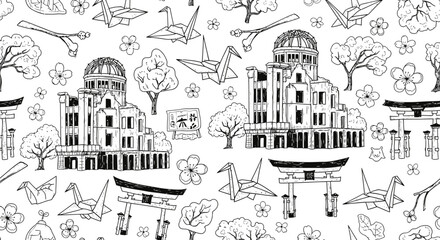 Naklejka premium Hiroshima's Landmark Illustrations, Artistic Pattern, Japan, Graphic Design