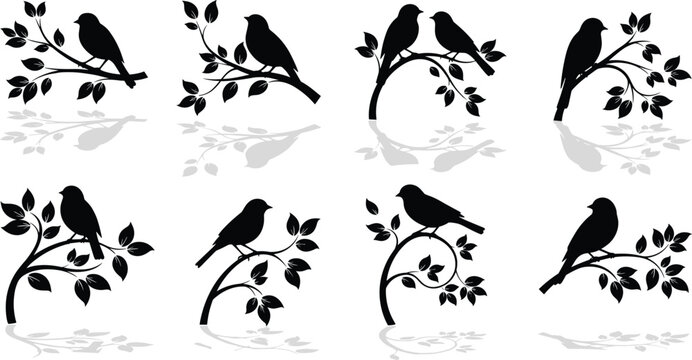 Set of elegant black bird silhouettes perched on tree branches with leaves and reflections isolated on white background for nature and garden design