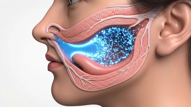 Human Sinus Anatomy with Airflow and Mucus Illustration