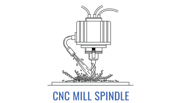 Cnc mill spindle vector outline drawing milling equipment industrial machine tool with coolant system