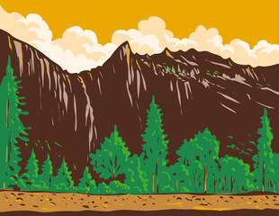 WPA poster art of Bridalveil Fall in Yosemite National Park in Yosemite Valley in California, USA done in works project administration.