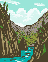 WPA poster art of Kenai Fjords National Park located on the Kenai Peninsula in Alaska, USA done in works project administration.