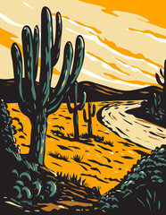 WPA poster art of the Saguaro National Park located in Pima County, southeastern Arizona, USA done in works project administration.