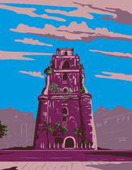 WPA poster art of the front entrance of the historic Sinking Bell Tower or Belltower in Laoag City, Ilocos Norte, Philippines done in works project administration or art deco style.