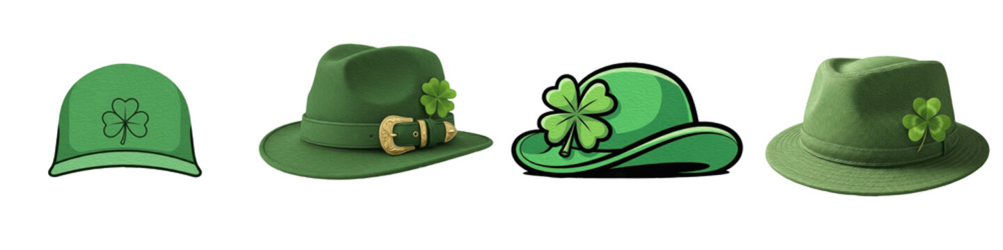 Set of green St. Patrick's Day hats with shamrock clover isolated on white background