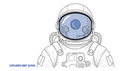 Explorer unit alpha astronaut wearing suit with moon symbol illustration outline vector design © GoDesigner