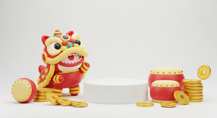 3D Chinese New Year Podium Display with Lion Mascot and Gold Coins