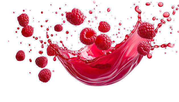 Vibrant image of crimson raspberry juice splash with fruit scattered around on a black background