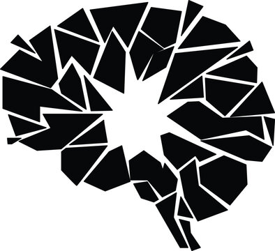Abstract Human Brain Silhouette Composed of Solid Black Shattered Geometric Fragments