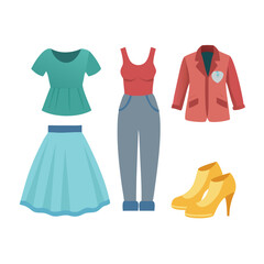 Obraz premium A vibrant collection of women's clothing featuring dresses, tops, and pants Vector