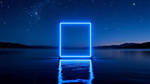 Neon frame over calm water at night