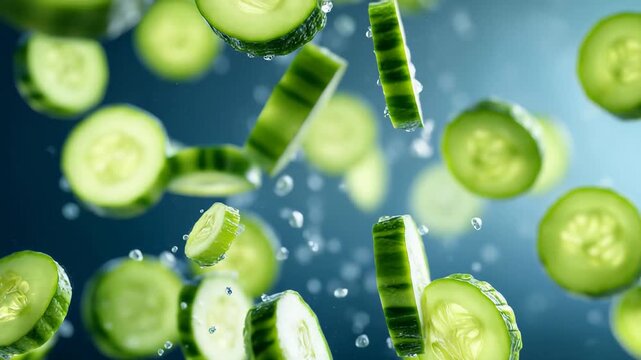 Fresh cucumber slices dropping, Fresh cucumber slices falling onto a wooden surface