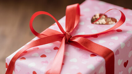 Gift box with red ribbon and heart wrapping symbolizing romantic gesture love and Valentine surprise