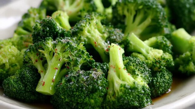 Fresh steamed broccoli florets drizzled, Fresh steamed broccoli florets lightly drizzled with olive oil
