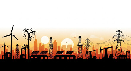 Industrial energy landscape with wind turbines and oil rigs. © muh_muh