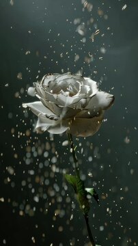 A delicate white rose with golden-edged petals, caught mid-bloom as golden fragments disperse around it