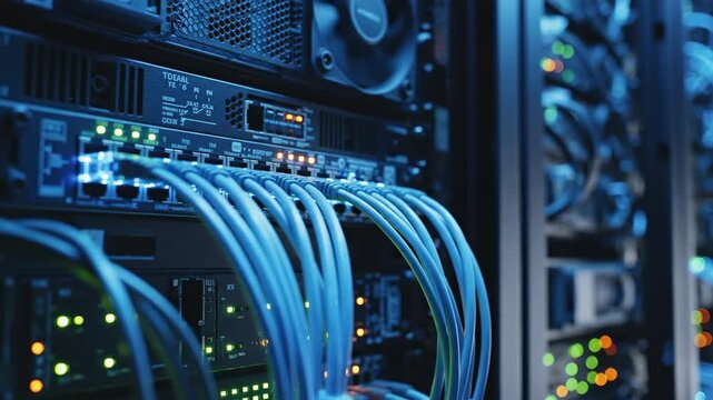 Data Center Infrastructure - Servers, Cables, and Network Equipment in Operation.