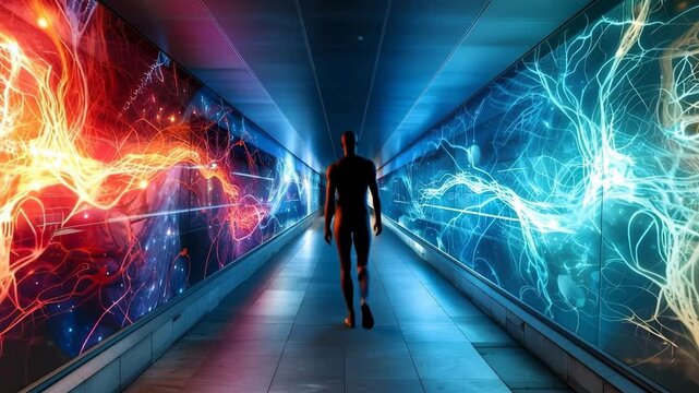 Digital Human Walking Through Futuristic Neural Network Pathway