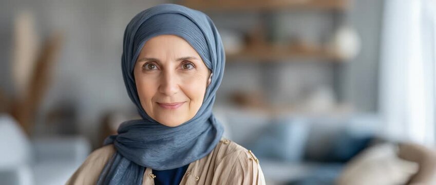 Smiling Mature Muslim Woman in Hijab in a Modern Interior Home