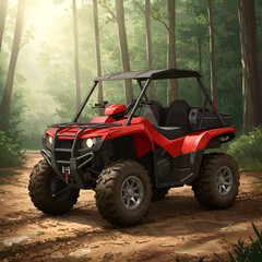 Fototapeta premium Red utility terrain vehicle parked on a muddy forest trail. A parked all-terrain vehicle in a wooded setting with visible tire tracks and puddles.