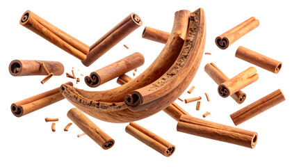 Cinnamon sticks and a banana peel-shaped object floating on black