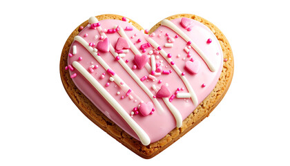 A heart-shaped cookie with pink frosting, white stripes, and sprinkles on a black background
