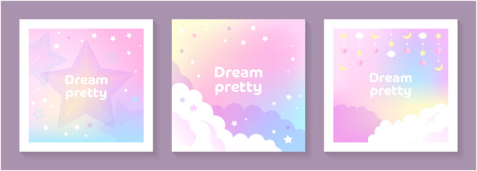 Dreamy Pastel Fantasy Background Set with Stars, Clouds and Cute Elements