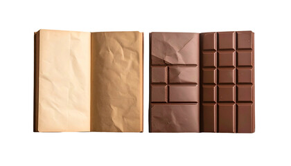 Top-down shot of a rectangular chocolate bar and crinkled paper on a black background