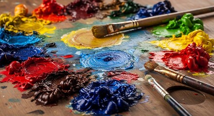 Obraz premium Artist's palette with vibrant paint splatters and brushes, showcasing creativity and artistic expression in a studio setting, captured from a top-down viewpoint, whisk_euop94_via_RJ_Whisk_Auto.jpg