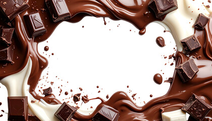 Decadent frame of flowing chocolate and cream, dark squares scattered