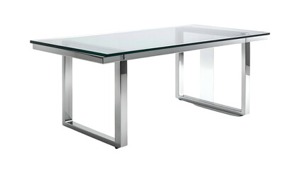 Modern rectangular table with glass top and chrome metal legs, isolated on black