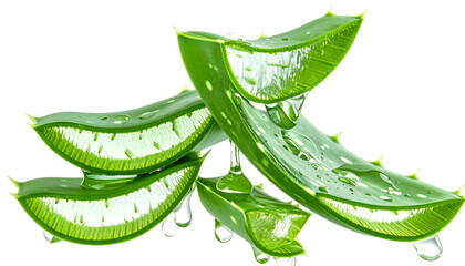 Close-up of sliced aloe vera leaves with glistening gel against a black background