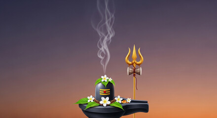 Shiva Lingam and Golden Trishula with Devotional Smoke