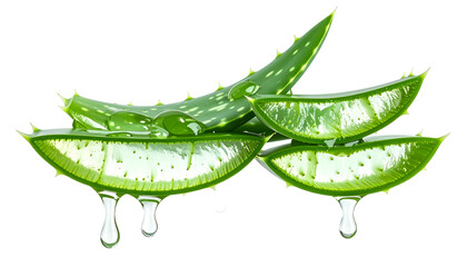 Close-up of sliced aloe vera leaves with gel dripping, showcasing plant's properties