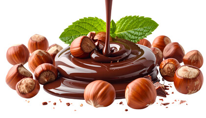 Liquid chocolate poured over hazelnuts, decorated with a mint leaf
