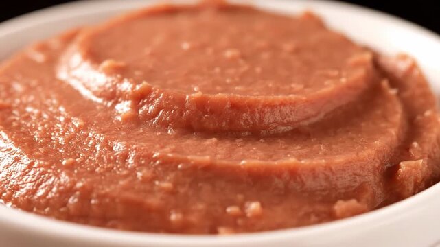 A close-up shot reveals a creamy, reddish-brown puree in a white bowl. This textured food appears ready to be served and enjoyed.