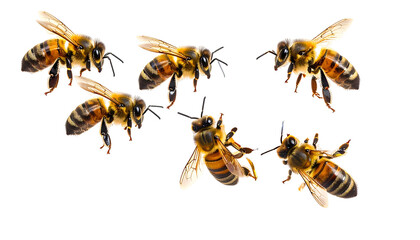 Group of honeybees in flight, showcasing detailed wings and segmented bodies, isolated on black