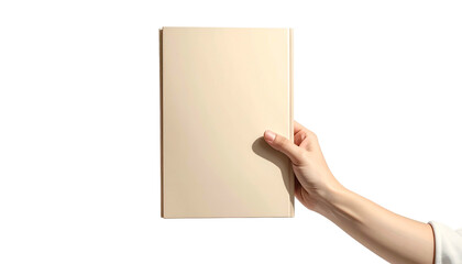 A person's hand holding a closed, tan-colored book against a black background