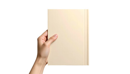 A hand holds a beige book against a black background, spine visible