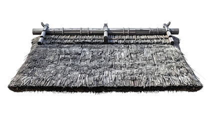 A rustic, thatched roof with wooden supports and a dark, weathered appearance