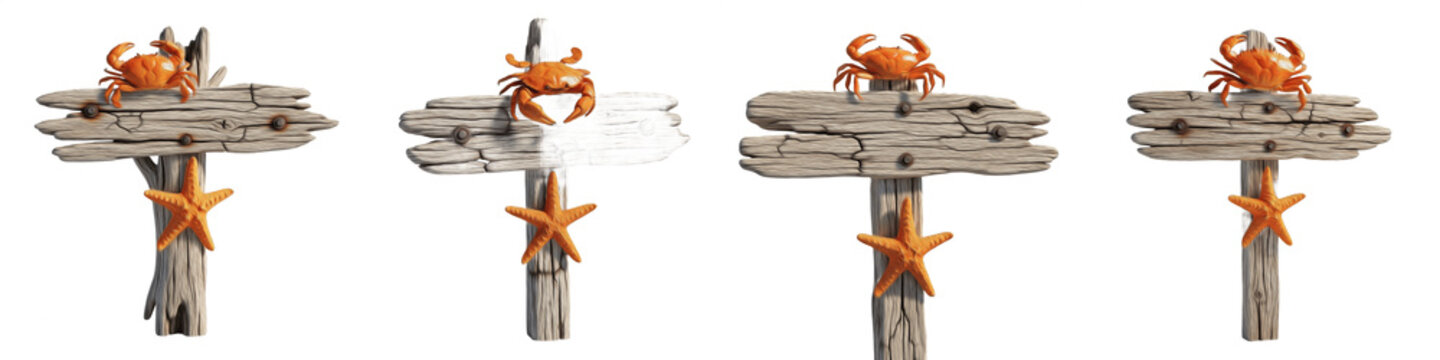 Set of wooden beach signboards with orange crab and starfish isolated on white background