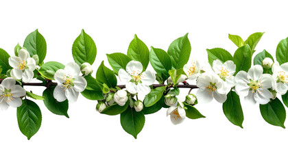 Branch with white flowers, buds, and green leaves on dark background