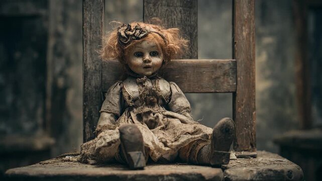 Grimy old doll sitting, A weathered, grimy doll with a cracked face and frayed dress