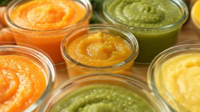 Colorful homemade baby food purees are ready for a healthy meal. Fresh vegetables provide essential nutrients for growing infants.