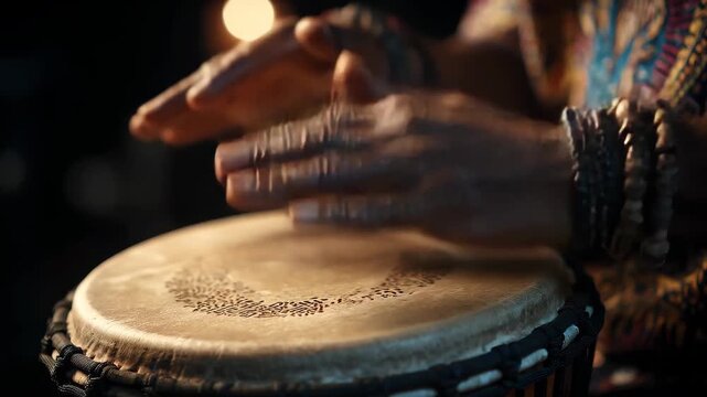 Hands playing djembe drum during rehearsal, Hands rhythmically playing a djembe drum during a rehearsal session