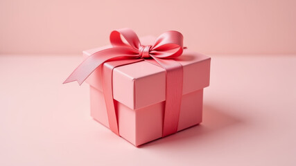 Obraz premium Pink gift box with silver ribbon on red background symbolizing romantic surprise for Valentine’s celebration