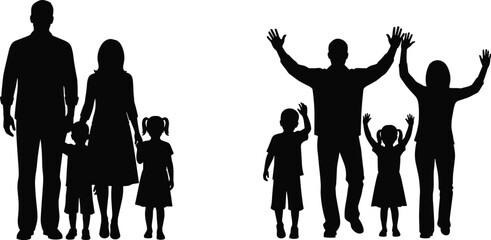 Obraz premium Silhouette of diverse happy families with parents and children standing and waving hands isolated on white background, unity.