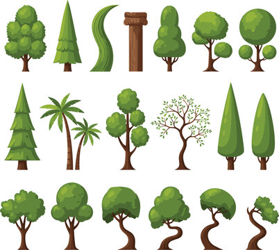 Set of various stylized green tree illustrations including pine palm deciduous and topiary shapes with a classical stone column on grey background