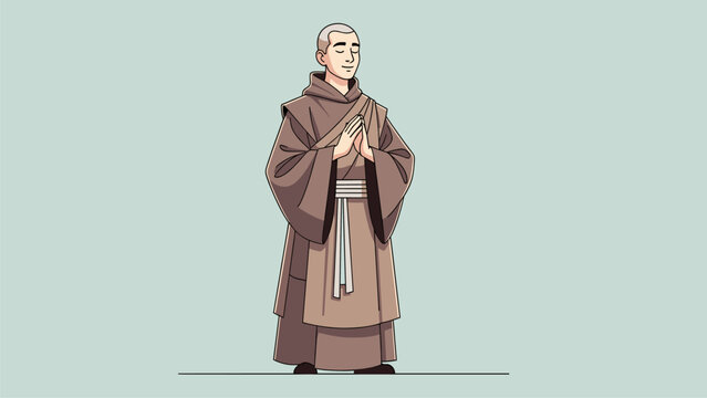 Spiritual Monk Meditating in Traditional Robes. Serene Prayer Pose. Flat Vector Illustration.