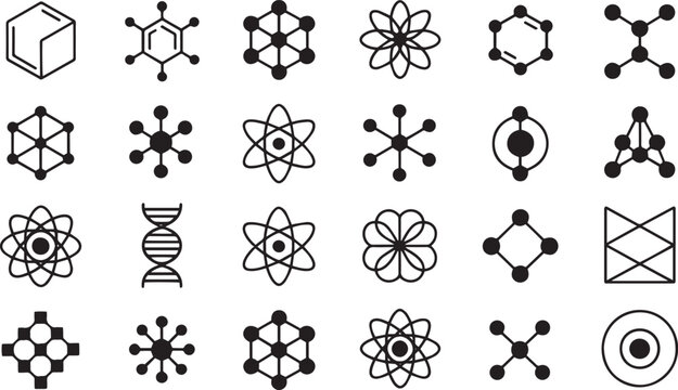 Collection of scientific and molecular icons on transparent background
